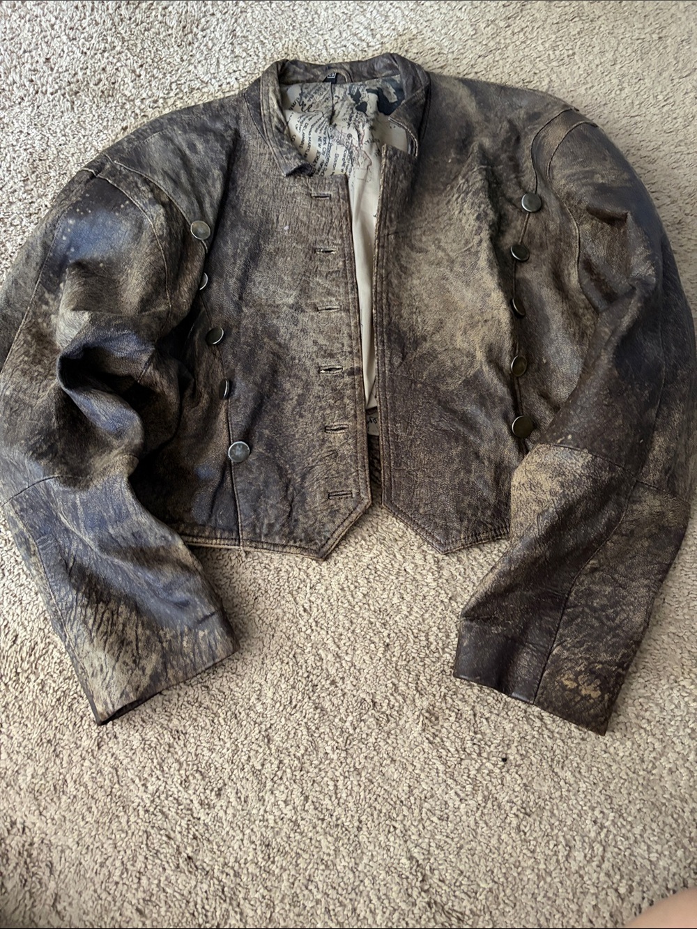 Cropped Distressed Leather Jacket - Brown